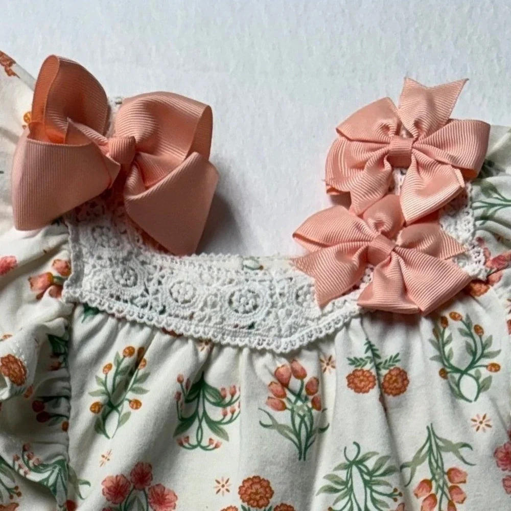 Haute Hippie Kids 2T Floral 3pc Set Top Shorts Bag Coral Lace NEW with 3‎ bows